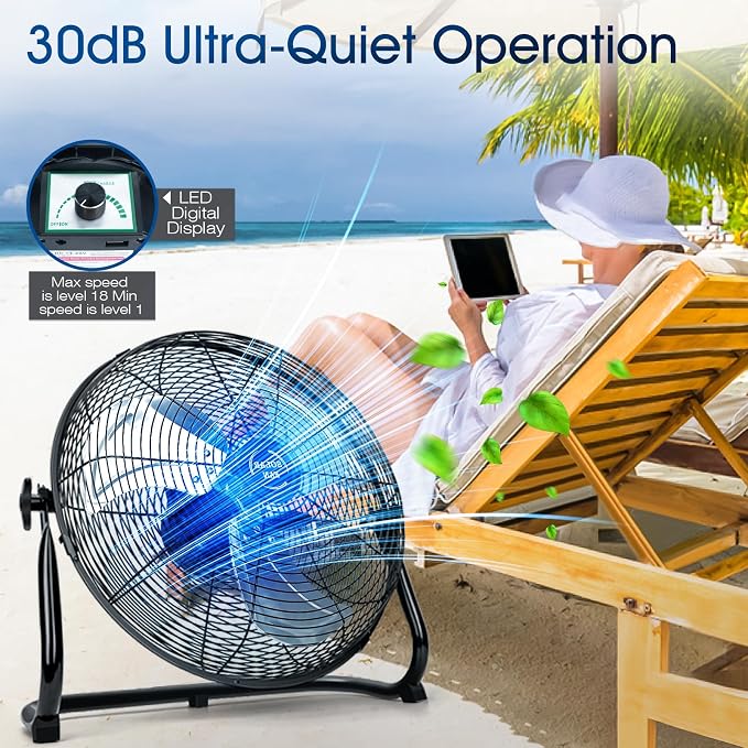 18'' Solar Powered Fan with 30W Solar Panel, Portable Solar Operated Outdoor Floor Fan for Camping, Home, Patio, Worksite - Stepless Speed, Metal Construction and Aluminum Blades