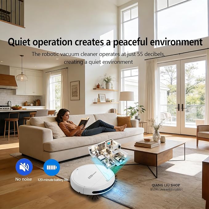 Robot Vacuum Cleaner, 3000Pa Powerful Suction, 2.56-inch Ultra-Slim Body, 120-Minute Long Battery Life, Quiet Operation, Smart Navigation, Suitable for Hard Floors/Low-Pile Carpets/Pet Hair- (White)
