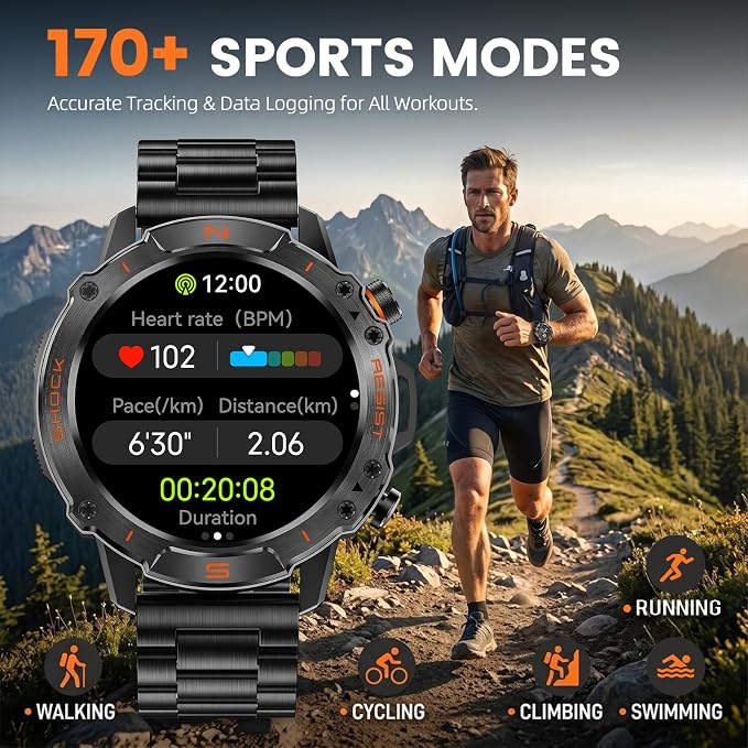 Rugged Smart Watch for Men, 5ATM Waterproof, 170+ Sports Modes, 1.43" AMOLED Round Health Fitness Tracker Watch, Tactical Military Smartwatch Compatible with iPhone Android, Stainless Steel Metal Band