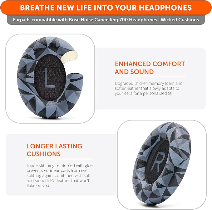 WC Wicked Cushions Upgraded Replacement Ear Pads for Bose 700 Noise Cancelling Headphones (NC700) - Softer PU Leather, Luxurious Memory Foam, Added Thickness, Extra Durable Ear Cushions | (Geo Grey)