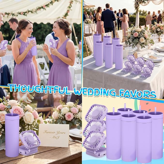 Reallnaive 12 Pcs Skinny Tumbler Bulk and Mini Portable Fans Set for Summer, 16 oz Plastic Cups with Lids Straws and Small USB Rechargeable Handheld Fan for Cooling Gift (Purple)