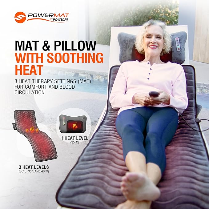 Powermat Full Body Massage Mat with Heat - Shiatsu Back Massager Pad for Bed, Chair & Recliner - Electric Vibrating Heating Pad - Whole Body Massager Mat for Pain Relief - Massage Mattress by Powerfit