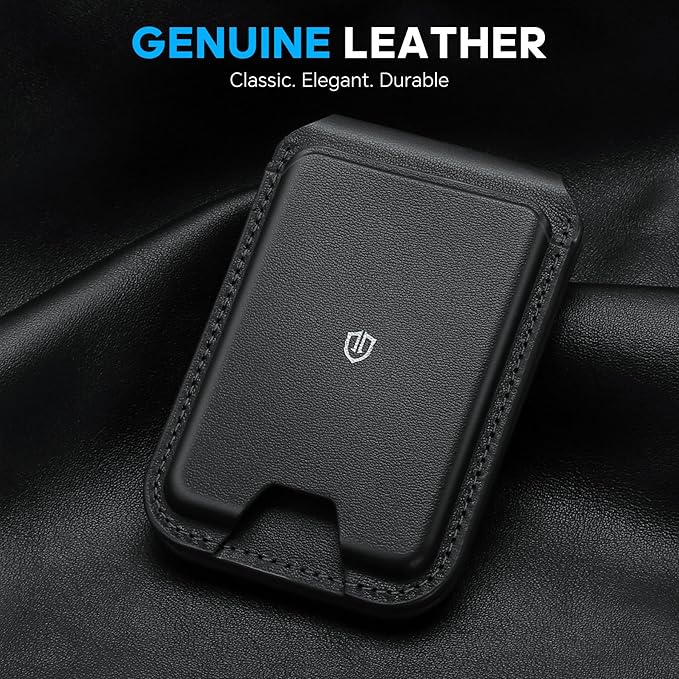 SHIELDON Genuine Leather Strong Magnetic Wallet for MagSafe, Phone Wallet Stand for Men Women, 6 Card Holders, Angle Adjustment, RFID Blocking, Compatible with iPhone 17/16/15/14/13/12 Series - Black