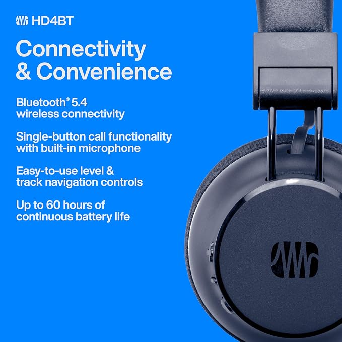 PreSonus Eris HD4BT — Over-Ear Closed-Back Wireless Headphones, Bluetooth, ANC Noise Cancelling, Up to 60 Hours Battery Life, Studio Headphones for Mixing, Monitoring, Recording, Midnight Blue