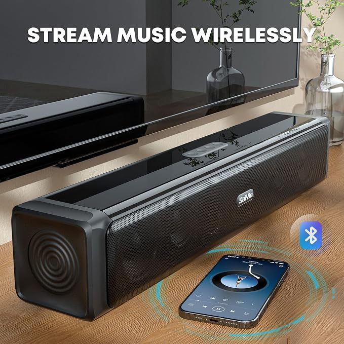 Saiyin Sound Bar,Soundbar for TV with 4 Powerful Speakers,Surround Sound System for TV,17 inch Soundbar with Bluetooth/HDMI-ARC/Optical/AUX,Wall Mountable