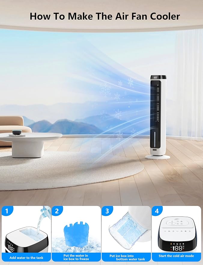 PNTCK 41" Evaporative Air Cooler Swamp Cooler with 3 Speeds, 5 Modes, 12H Timer, Remote, 80° Oscillation, LED Display, Bladeless Tower Fan Cooling Fan for Bedroom Office Large Room Indoor Use