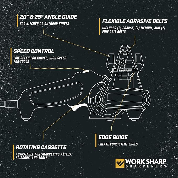 Work Sharp MK2 Professional Electric Knife and Tool Sharpener with Adjustable Sharpening Guides and Flexible Abrasive Belts Plus Bulk Belt Replacement Pack for Craftsmen and Tradesmen