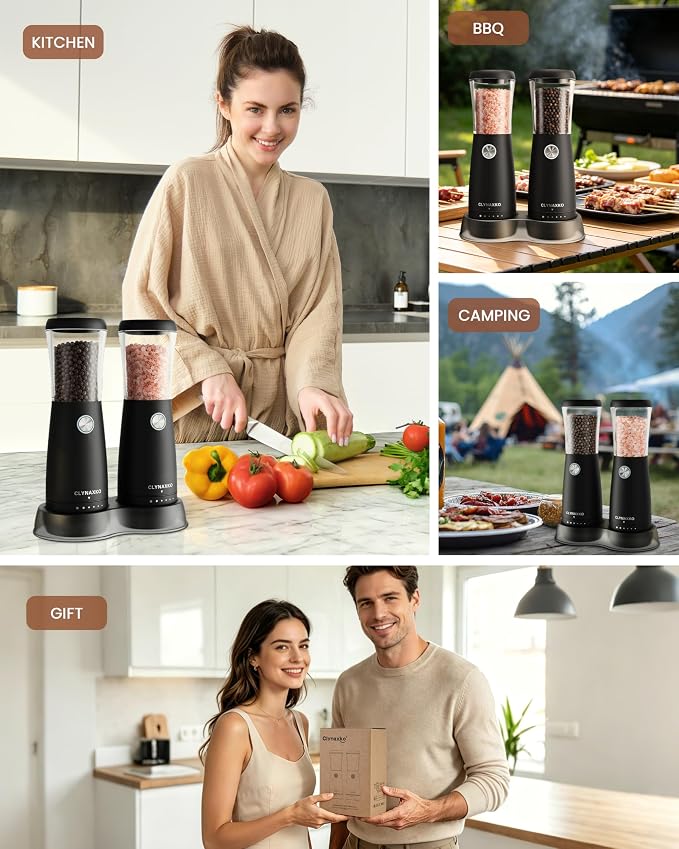 Electric Salt and Pepper Grinder Set, Stainless Steel Automatic Salt and Pepper Grinder Set, Upgraded 110ml Capacity, Adjustable Coarseness & LED Light, One-Handed Operation, Ideal Kitchen Gadget
