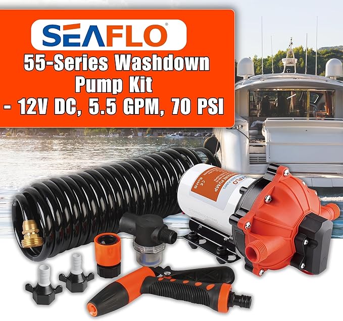 SEAFLO 55-Series Washdown Pump Kit - 12V DC, 5.5 GPM, 70 PSI, Self-Priming, Coiled Hose, Spray Nozzle, High Flow for RV, Boat, Off-Grid, Freshwater, and Saltwater Applications 4-Year Warranty