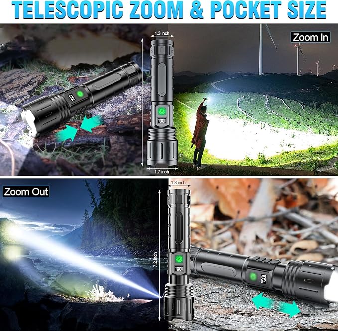 Hoxida Flashlights High Lumens Rechargeable - 2000 Lumens Long Beam Super Bright LED Flash Light with Power Display & IPX5 Waterproof for Camping, 20H Runtime,5 Modes,Zoomable Handheld Flashlight