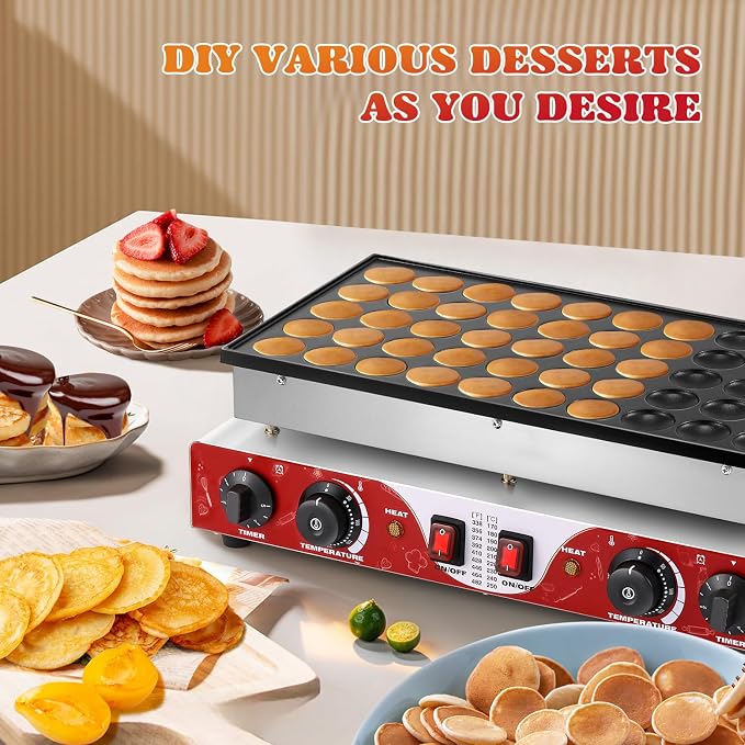 Moongiantgo Mini Pancake Maker Machine 50pcs, Non-Stick Commercial Dutch Pancake Maker Stainless Steel, Electric Muffin Poffertjes Waffle Baker With 2 Thermostats&2 Timers For Restaurant&Home, 110v