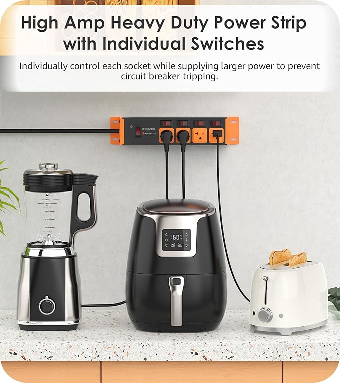 CCCEI Heavy Duty Surge Protector Power Strip 20 Amp Individual Switches. 25FT 12 Gauge Extension Cord with Multiple Outlets. Kitchen, Garage, Shop, Industrial Wall Mount Electric Extender, Orange.