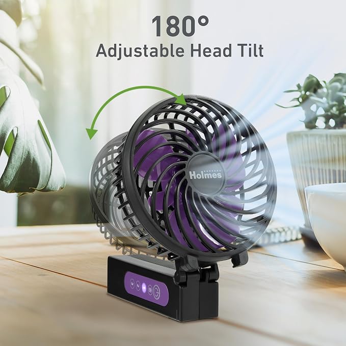 HOLMES 4" Portable Handheld Fan – 3 Speeds, Rechargeable, USB-C, 180° Adjustable, Lightweight, Compact, for Home, Office, Travel – Black, 1-Year Limited Warranty