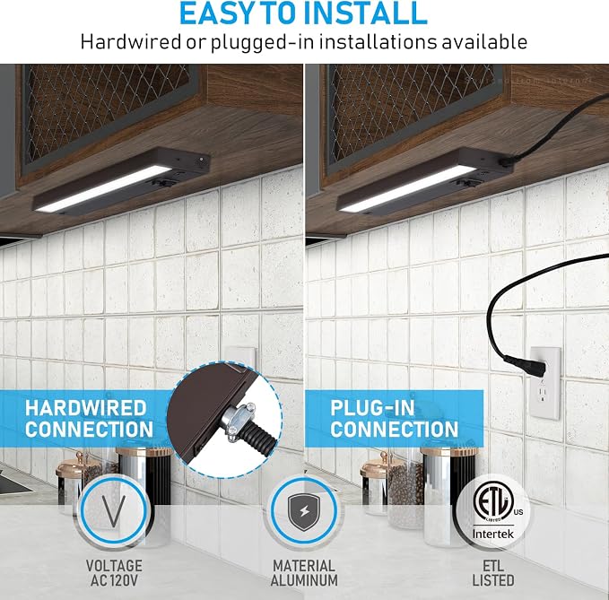 TORCHSTAR 4-Pack 12 Inch LED Under Cabinet Lighting 5CCT, ETL T24, 8W 600LM, Hardwired & Plug-in, 5 Color Selectable CRI90 120V Dimmable Under Counter Lights for Kitchen, Bronze Aluminum Housing