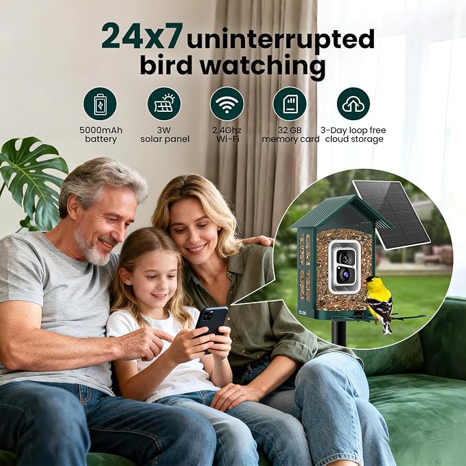 SOLIOM Bird Feeder with Camera, Solar Smart Bird Feeder Camera with AI Bird Identification, 2K HD Live View & Instant Alerts, Squirrel-Proof Metal Outdoor Bird Feeder, Bird Watching Gift Set (Green)