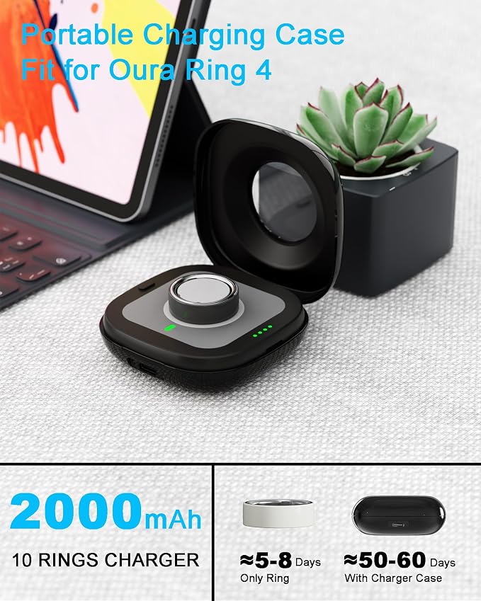 Portable Charging Case Compatible with Oura Ring 4 Charger, Fits Gen 4, Up to 10 Ring Charges, Compact Travel Protective Case, Black (Official Charger NOT Included)