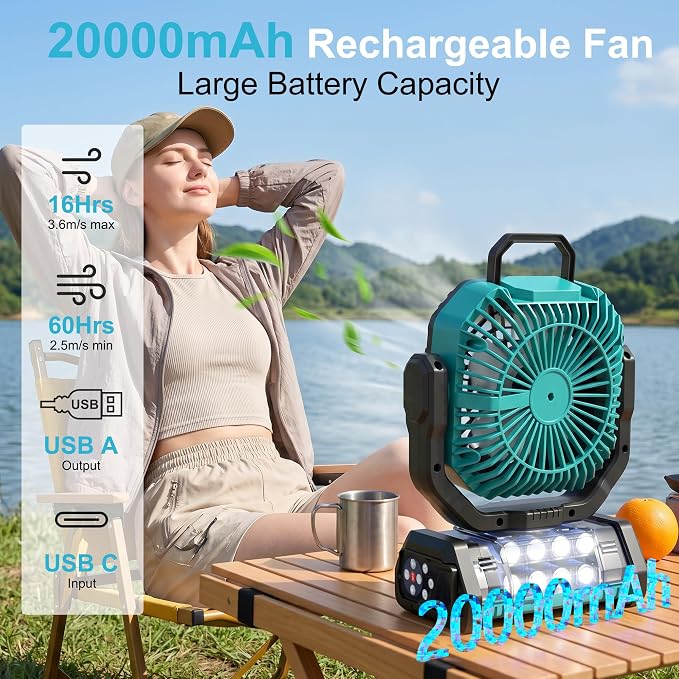 Honesorn Portable Rechargeable Fan 20000mAh, Camping Fan with LED Light & Remote, USB C Cordless Battery Powered, 4 Speeds Timer Hanging Hook for Travel Tent Outdoor Essentials - Blue
