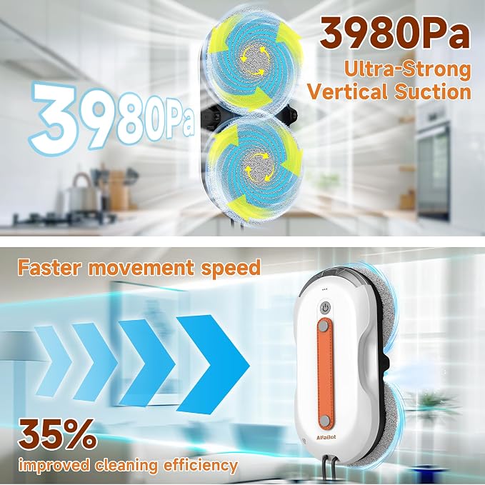 AlfaBot X7Pro Window Cleaning Robot, 6000Pa Suction Robotic Window Cleaner with Dual Auto-Water Spray, 60ml Tank, Smart Path Planning, Remote Control & Safety Rope for High-Rise Windows