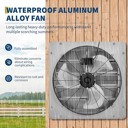 24" Shutter Exhaust Fan with 5 ft Power Cord, 3500 CFM 1500 RPM Quiet High-Speed Airflow with Automatic Shutter Wall Mount fan for Garage, Attic, Greenhouse, Shed Ventilation