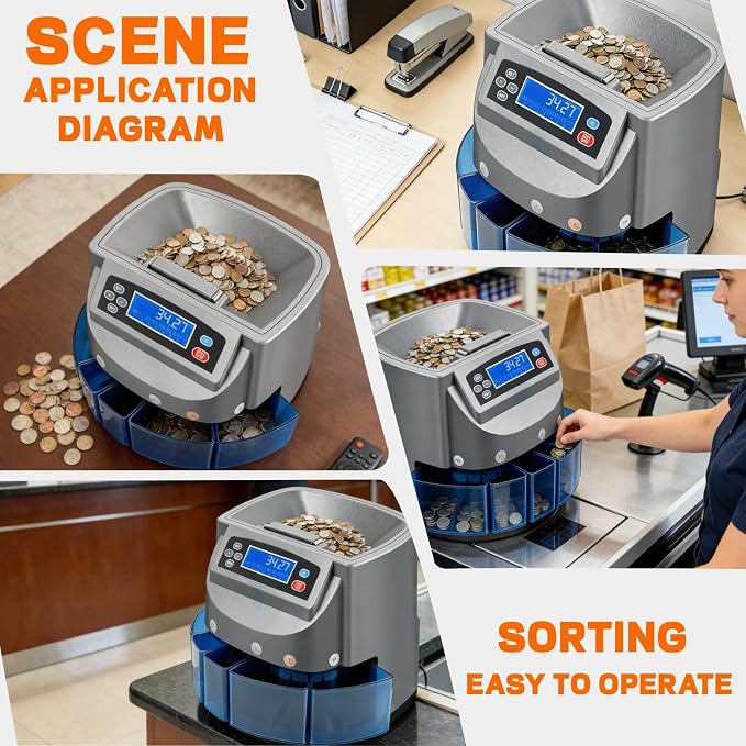 Coin Counter Machine,Coin Sorter Machine with LCD Display,Electric Coin Sorter Sort 270 Coins/Minute,500 Coins Capacity Automatic Change Counter,Applicable for Coins 1¢, 5¢, 10¢, 25¢, 1 Dollar