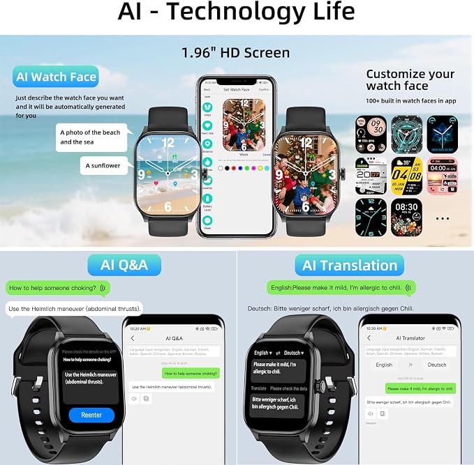 Smart Watch, GPS & Free Maps, 1.96" HD Screen, AI, Bluetooth Call & Text, Health, Fitness & 24/7 Sleep Tracker, 100+ Workout Modes, 5 ATM Water-Resistance, for Men & Women, Android & iOS, 2 Bands