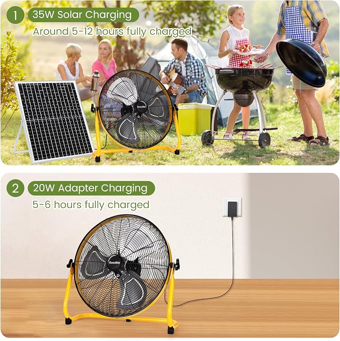 20" Solar Rechargeable Floor Fan, 35W Solar Powered Battery Operated Fans for Outdoor Garden Greenhouse Barn Stable Camping Garage Air Circulation Cooling