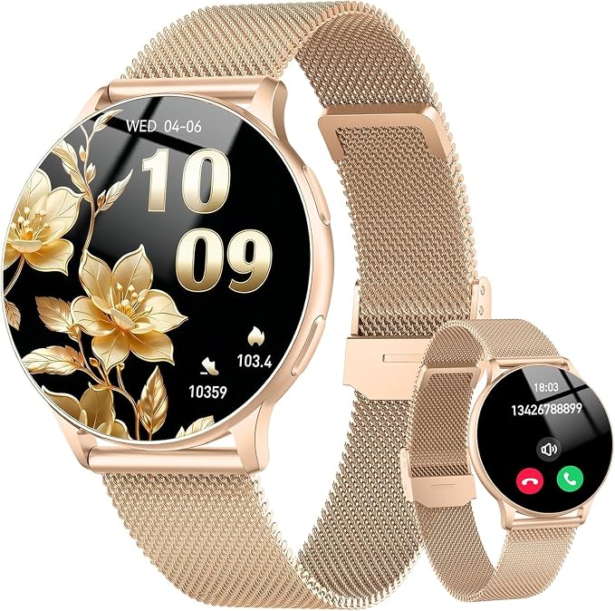 Jugeman Smart Watches for Women, Fashion Womens Watch for Daily Wear with Step Heart Rate Sleep Tracking, IP68 Waterproof Lightweight Wrist Smartwatch for Work Travel Fitness, Gifts for Women (Gold)