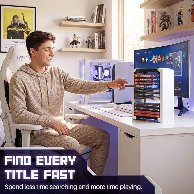 TNP Universal Video Game Storage Tower for PS5, PS4, PS3, Nintendo Switch, Xbox One, Xbox Series S/X - White Video Game Holder Organizer Stand with 12 CD Case Storage for Organizing & Displaying