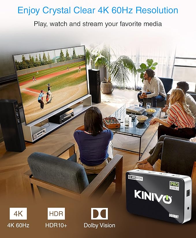 Kinivo HDMI Switch with Audio Extractor 360BNT (3 in one out, Toslink Optical Audio Port, SPDIF, 4K 60Hz, High Speed 18Gbps, IR Remote) - Compatible with Roku, PS5, Xbox, Apple TV, Dolby Digital/Atmos