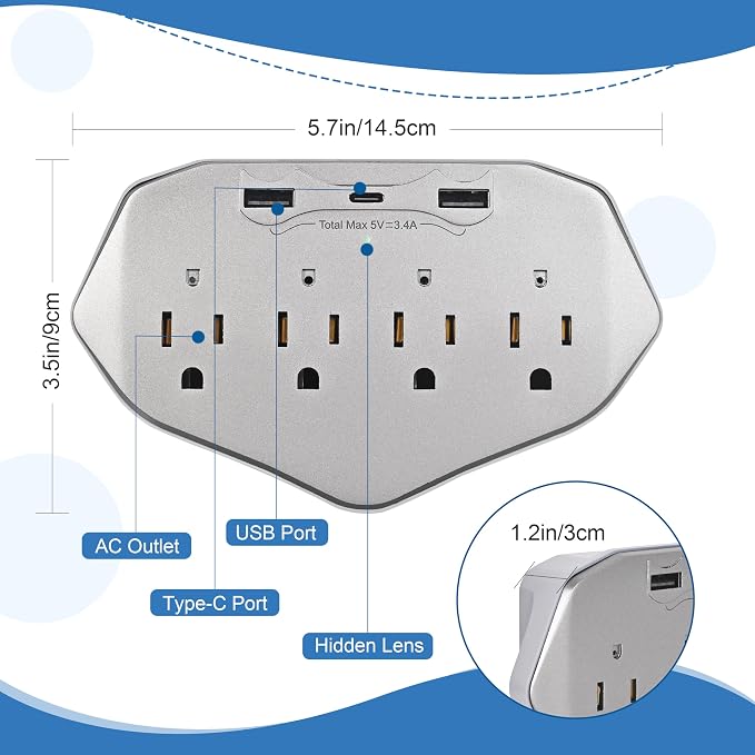 1080P WiFi Wall Outlet Camera with 45W Fast Charging, 4 AC Outlets, USB-C & USB-A Charging Ports, Remote Viewing Security Camera with Loop Recording, No Night Vision