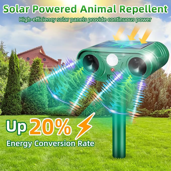 2026 Upgraded Solar Ultrasonic Animal Repellent Motion Activated Deer Repellen Outdoor with Adjustable Frequency Cat Deterrent to Keep Dog Raccoon Squirrel Rabbit Away from Yard Garden 4 Pack