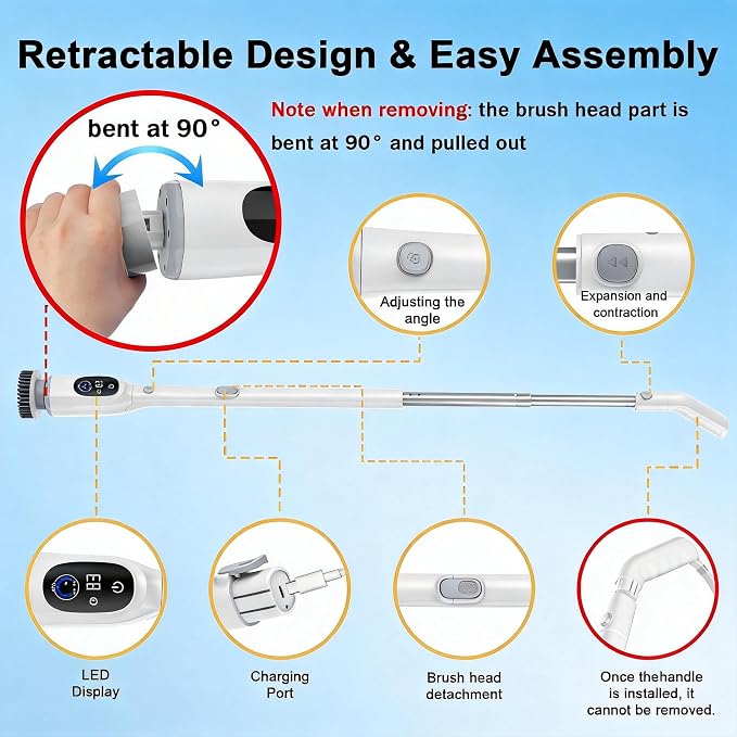 Electric Spin Scrubber, Cordless Power Scrubber with Adjustable Long Handle, 3 Speeds with IPX7 Bathroom Scrubber, 8 Brush Heads, Electric Cleaning Brush for Bathroom/Kitchen/Bathtub/Crack/Floor/Car