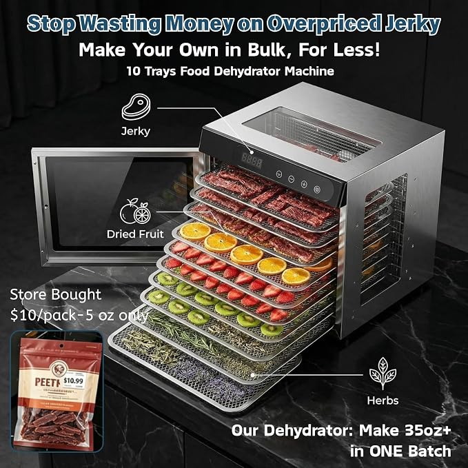 Food Dehydrator Machine, 10 Stainless Steel Trays Dehydrator for Jerky, Poweful 800w Food Dehydrators for Beef Jerky,Meat,Fruits,Herbs,Mushroom, 24H Timer 176°F Temperature Control Food (10 Trays)