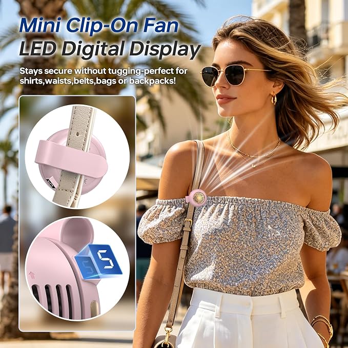 Mini Clip-On Personal Fan, 360° Rotation, LED Speed Display, Quiet Operation, 5 Adjustable Speeds from Gentle Breeze to Strong Airflow, Ultra Light Portable Fan for Stroller Travel 2white