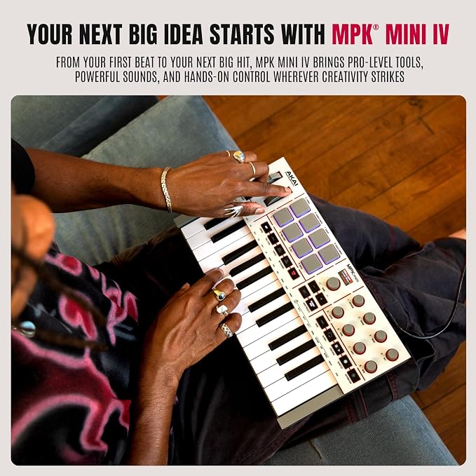 Akai Professional MPK Mini IV USB-C MIDI Keyboard Controller for Beginners and Producers - MPC Drum Pads, 360° Knobs, Pitch and Mod Wheels, Production Software, Native Instruments Sound Package, Grey