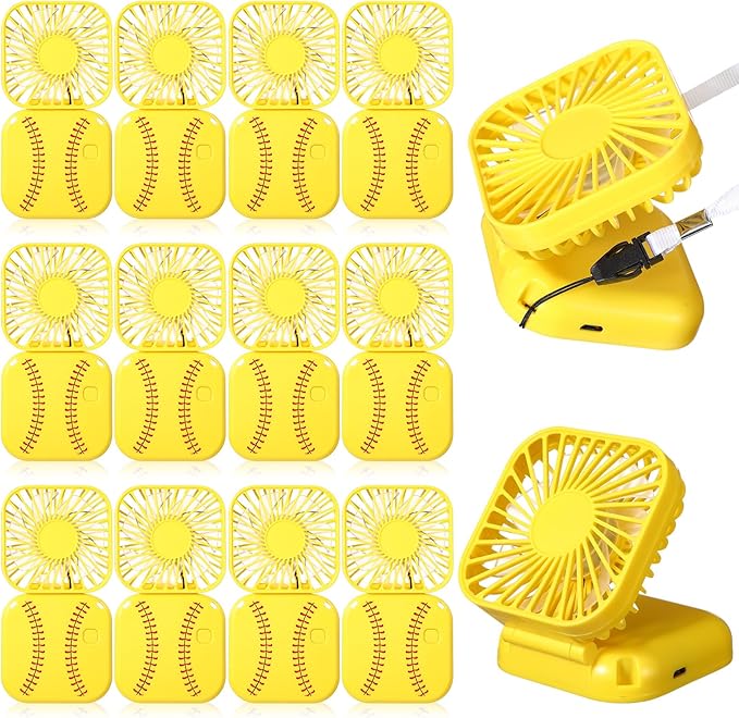 Retisee 12 Pcs Baseball Mini Portable Handheld Fans 3 Speed USB Rechargeable Necklace Fans Bulk 180° Foldable Electric Personal for Sport Party Favors Team Game Gift(Yellow,Softball)