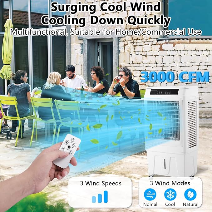 Evaporative Air Cooler, TAKYWEP 3000CFM Swamp Cooler with Remote Control and 12H Timer, 4 Ice Packs, 3 Modes & Wind Speeds for Outdoor Indoor Use, 10.3 Gallon