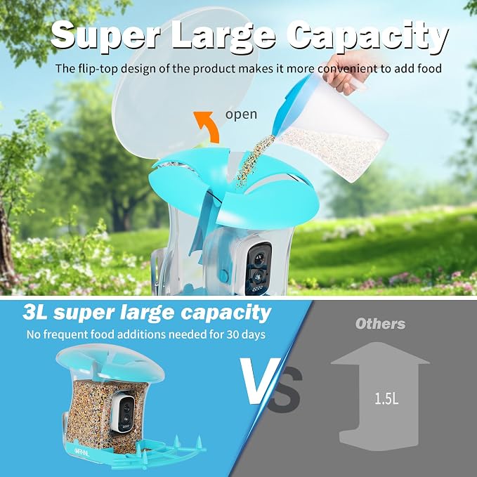 Smart Bird Feeder with Camera, Solar Powered 3 L Capacity, 2K HD AI Identify Bird Species, Weatherproof Auto Video Recording, Real-Time Alerts, Ideal Gift for Tech Lovers and Parents (Blue)