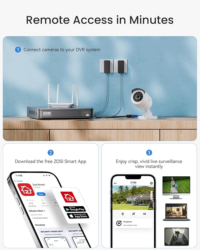 ZOSI 1080P H.265+ Home Security Camera System with AI Human Vehicle Detection, 5MP 3K Lite 8 Channel CCTV DVR Recorder with 2TB Hard Drive and 8 x 1080p Surveillance Bullet Camera Outdoor Indoor