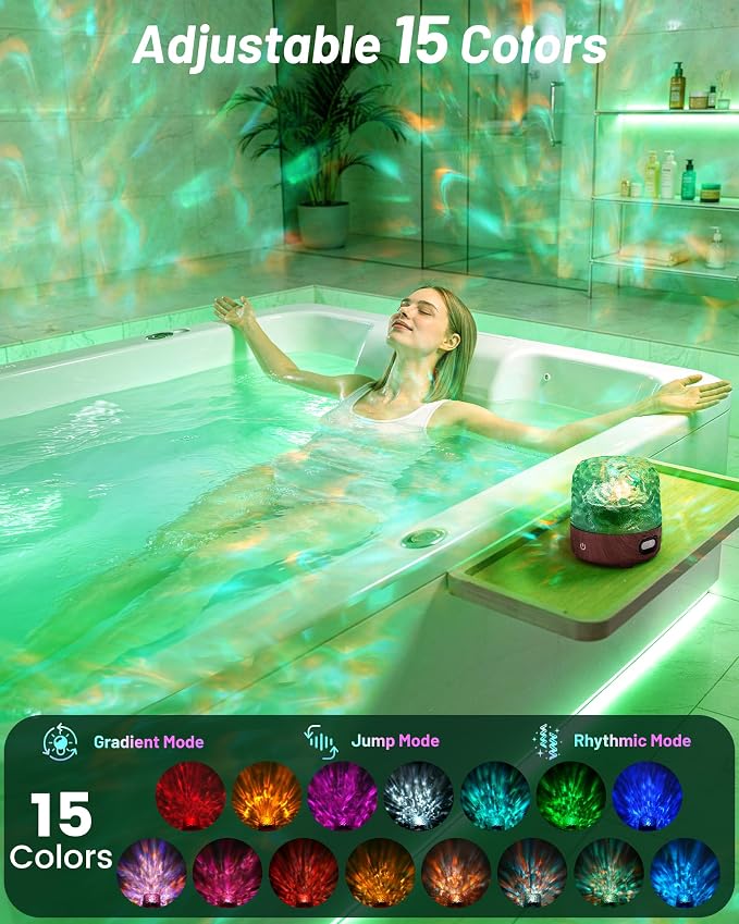 Waterproof Rechargeable Shower Lamp with Bluetooth Speaker for Bathroom,Shower Light with Adjustable 15 Color Wave Projector for Bathtub,Portable Table Lamp for Indoor/Outdoor Decor