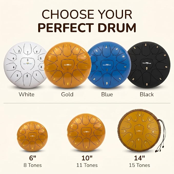 Balmy Drum Steel Tongue Drum 10 inch 11 Notes 440Hz, Handpan Drum with Music Book, Mallets, Carry Bag, Finger Picks, Rain Drum for Outdoor, Meditation Yoga Calming Instruments for Adults Kids (White)
