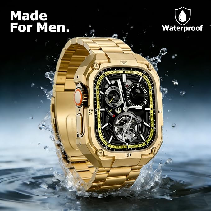 Formal Stainless Steel Watch Case with Band Compatible with Apple Watch Series 11 10 46mm Band for Men,Metal Protective Bumper Cover iwatch Band with Strap,Gold