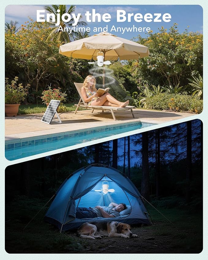 Solar Ceiling Fan Light, 30W Solar Gazebo Fan with Remote, Portable Solar Canopy Fans for Outside, Rechargeable Battery Operated Camping Fan, for Tent Shed Patio Greenhouse Porch Pergola