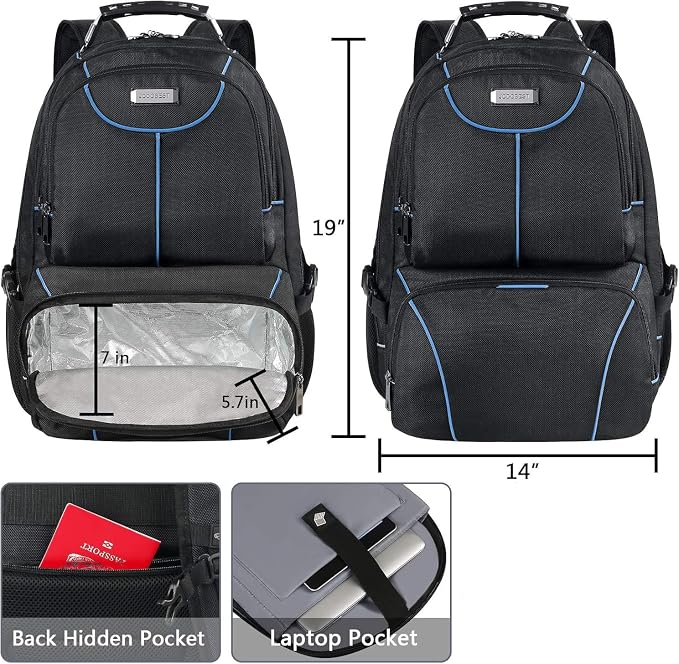 VECKUSON Lunch Bag Backpack, Insulated Cooler Lunch Box Backpack, Extra Large Travel Laptop Backpack TSA Friendly RFID Computer College bag for Women Men,Blue