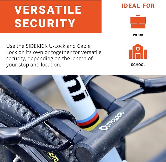 OTTOLOCK Sidekick Compact U-Lock and Cable Bundle - Lightweight Anti-Theft Bike Lock for Road, Mountain & Electric Bikes with Keys, Black