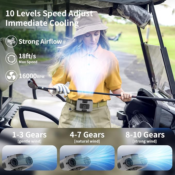 Socool 10000mAh Portable Waist Fan Clip on Wearable Belt Personal Fans Rechargeable Battery Operated, 20H Cooling with 10 Speeds & Dual Motors,Neck Hanging Hands-Free for Outdoor Travel Power Bank