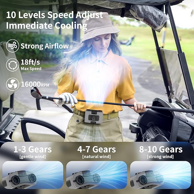 Socool 20000mAh Portable Waist Fan Clip on Wearable Belt Personal Fans Rechargeable Battery Operated, 40H Cooling Fan with 10 Speeds & Dual Motors, Neck Fans Hanging Hands-Free for Outdoor Travel