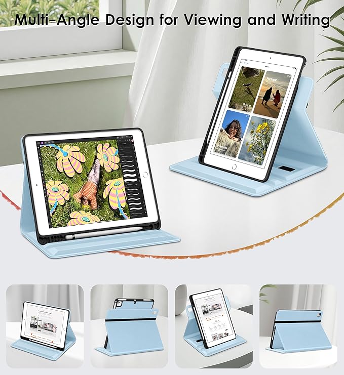 DTTO Rotating Case for iPad 6th / 5th Generation 9.7 Inch 2018/2017, iPad Air 2 / Air 1 Case, 360 Degree Swiveling Premium Leather Folio Stand Cover with Pencil Holder - Auto Wake/Sleep, Ice Blue