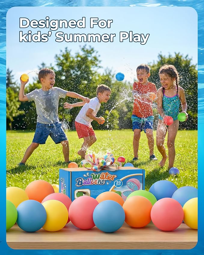20Pcs Reusable Water Balloons for Kids & Family Outdoor Play – Quick Fill, Soft Silicone, Easy to Collect, No Magnets, Perfect for Yard, Pool Beach Games, Summer Water Toys