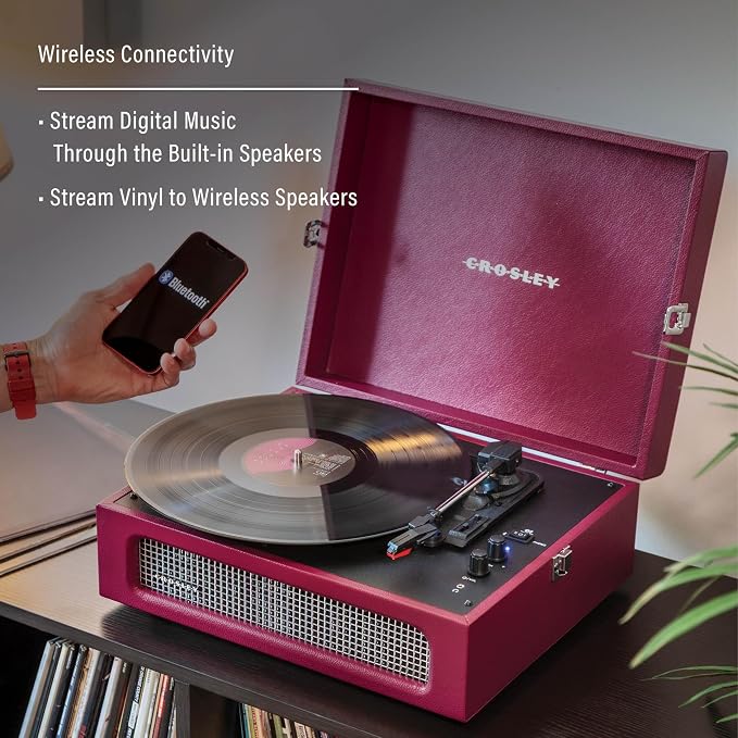 Crosley CR8017B-BU Voyager Vintage Portable Vinyl Record Player Turntable with Bluetooth in/Out and Built-in Speakers, Burgundy
